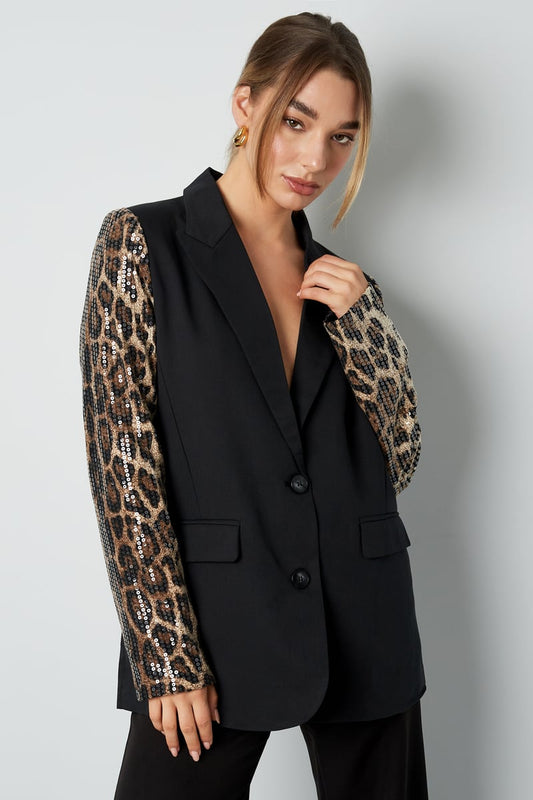 Blazer with leopard print glitter sleeve - gray