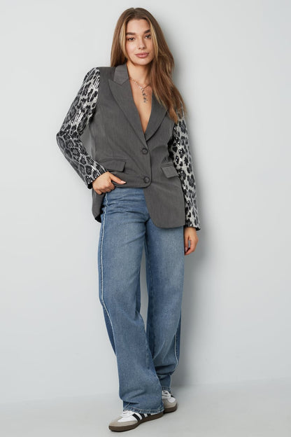 Blazer with leopard print glitter sleeve - gray