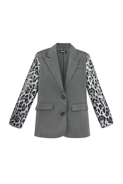 Blazer with leopard print glitter sleeve - gray